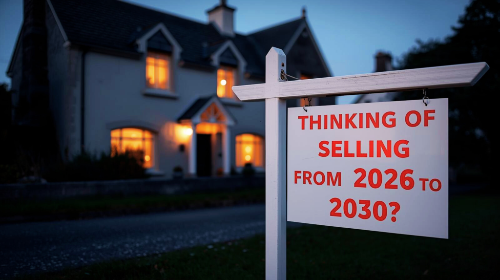 Rental market - Irish residential property with a “Thinking of selling from 2026 to 2030?” For Sale sign in the foreground.